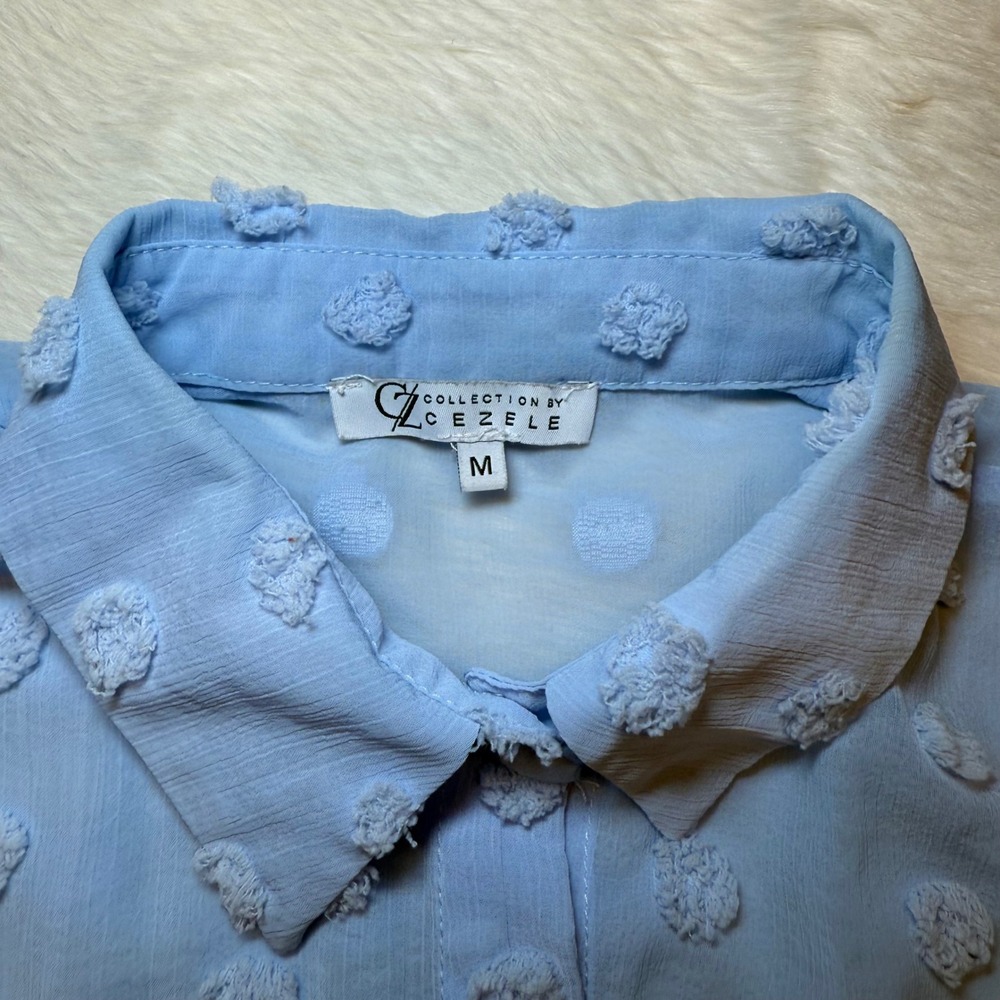 Collection by Cezele Light Blue Swiss Dot Pom Pom Button‎ Up Blouse Medium - Picture 2 of 5